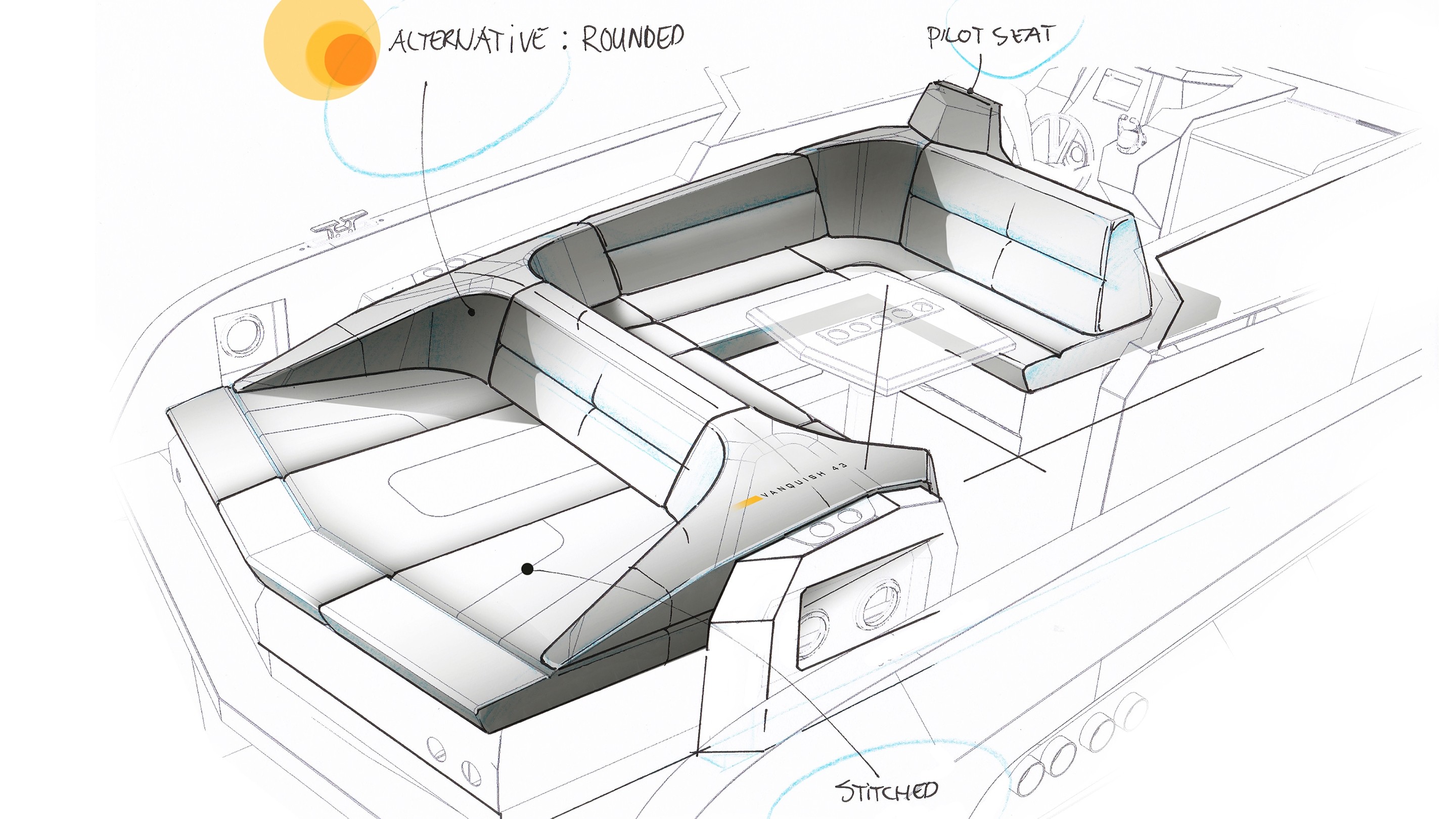 sketch Vanquish Yachts upholstery design by studioBOUWMEESTER